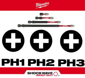 Milwaukee Shockwave Phillips Impact Driver Bits PH1, PH2, PH3 - All Lengths - Picture 1 of 3