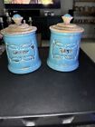 Set Of 2 Canisters, Tea & Sugar. Turquoise & Wood. Excellent Condition