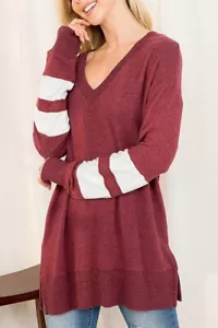 Boho Causal Chic Women's Color Block Tunic Top Burgundy Size M Trendy FactoryPl - Picture 1 of 7
