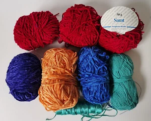 6 Knäuel Chenille Samt Wolle Stricken Rot Blau Gelb 1 x Bw Türkis, 1 Glanzband - Bild 1 von 4