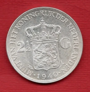 1940 NETHERLANDS 2-1/2 GULDEN COIN. 25 GRAMS, .720 SILVER. QUEEN WILHELMINA I. - Picture 1 of 2