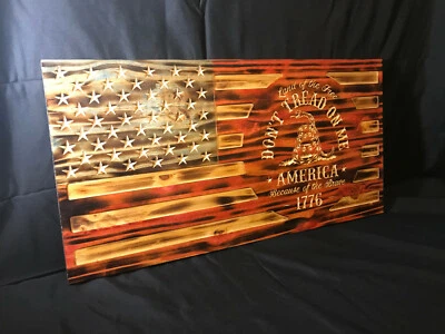 US Rustic Wood Burned Flag Gadsden Dont Tread On Me American Flag Painted Carved - Image 1 of 4