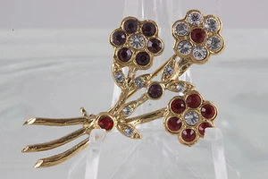 COSTUME RED & CLEAR STONES FLOWER W/ STEMS BROOCH FASHION 2690 - Picture 1 of 2