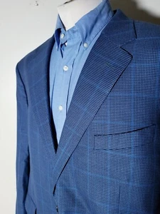 50R Trussini Blue Black Check Italian Wool Full Canvas Blazer Sport Coat Jacket - Picture 1 of 10