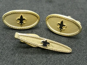 Swank Fleur De Lis Cufflinks & Tie Clip Bar Set Gold & Black - Picture 1 of 9
