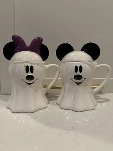 Disney Mickey & Minnie Mouse Halloween Ghost Mug With Ears Lid Topper Pair Set - Picture 1 of 1