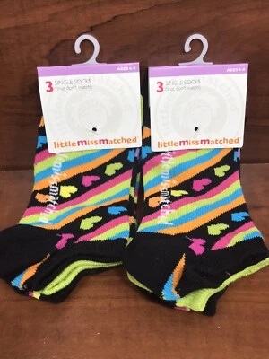 Girls Socks, Age 4-9 LittleMissMatched, 2 packs Of 3, Hearts, Stripes, Stars NEW - Image 1 of 4