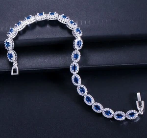 8CT Lab Created Sapphire & Diamond Tennis Wedding Bracelet 14k White Gold Plated - Picture 1 of 6