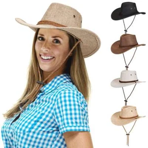 Sommer Sonne Bucket Cap Western Cowboy Fedora Stroh Leinen Netz Hut breite große Krempe - Bild 1 von 16