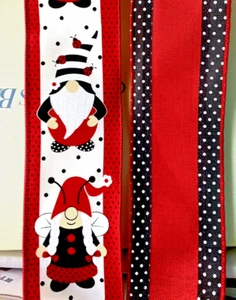 Gnome Lady Bug Wired Ribbon Bundle 2.5” by 5 yd 2 each =10 yds Red Black Dot - Picture 1 of 4