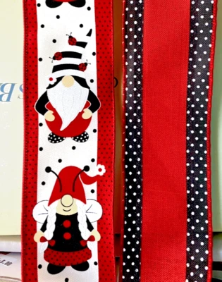 Gnome Lady Bug Wired Ribbon Bundle 2.5” by 5 yd 2 each =10 yds Red Black Dot - Image 1 of 4