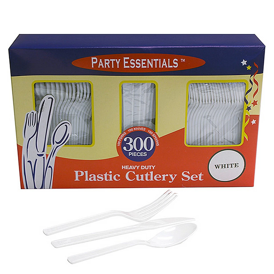 1 Party Essentials 300 piezas Caja de cubiertos de plástico - tenedores, cuchillos y cucharas blancas Foto 1 de 1