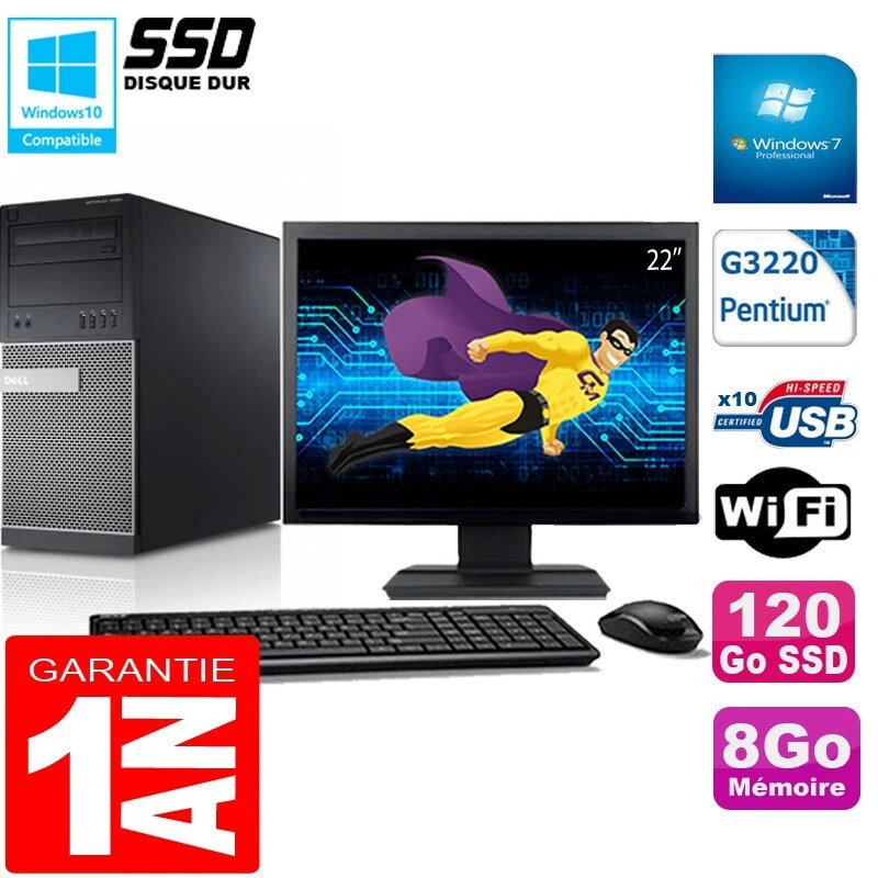 PC tour DELL 9020 Intel G3220 RAM 8Go Disco 120 Go SSD Wifi W7 Pantalla 22" - Imagen 1 de 1
