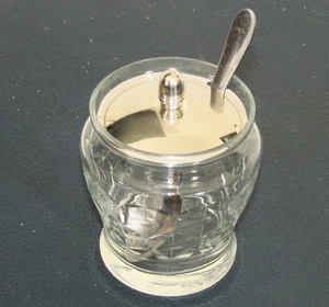 Vintage Glas Zuckerdose Gewürz Soßentopf EPNS Silber Teller Deckel - Bild 1 von 9