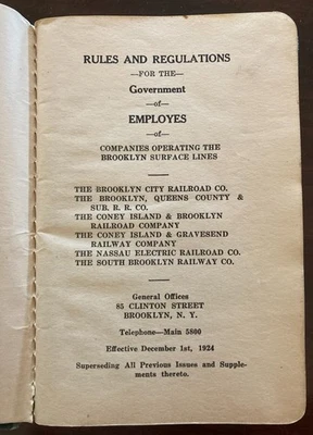 LIBRO DE REGULACIONES para Brooklyn Surface Lines Efectivo 12/1/1924 MUY RARO Foto 1 de 4