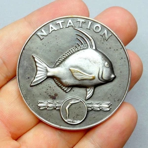1924 Paris Summer Olympics Games Swimming, Fish.  Antique Large Medal by Mascaux - Picture 1 of 8