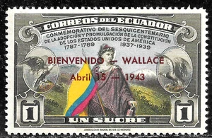 HICK GIRL- MINT ECUADOR STAMP SC#414 1943 CONSTITUTION W/OVERPRINT K405 - Picture 1 of 2