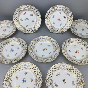Neun Durchbruchteller "Streublume", Meissen Porzellan, goldstaffiert, Knaufzeit - Foto 1 di 16