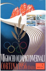 Olympiade 1956 Cortina Italien, Programm-Faltblatt m. Olympiasatz u Ersttagsstpl - Picture 1 of 3
