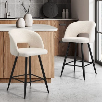 Oikiture 2x Bar Stools Kitchen Dining Chair Padded Chair Boucle White SURA - image 1 of 4