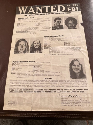 Real Original Patty Hearst Wanted Poster date stamped May 24 1974 FBI Harrahs Cover