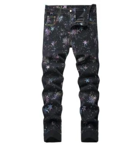 Herren Schwarz Baumwolle Denim Jeans Sterne Bedruckt Stretch Hose Punk Hip Hop Hose - Bild 1 von 10