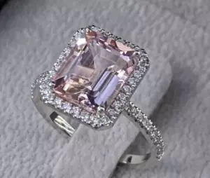 14K White Gold Plated 3CT Emerald Cut Lab-Created Morganite Halo Engagement Ring - Picture 1 of 5