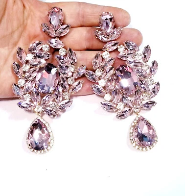 Pendientes CLIP ON Estrás Cristal Gran Tamaño Rosa Claro Gota Araña 4.8 pulgadas Foto 1 de 4