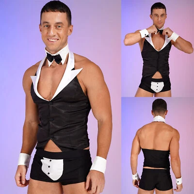 Sexy Men Gentleman Costume Cosplay Outfits Waiter Vest Boxer Briefs Lingerie Set - Photo 1/2