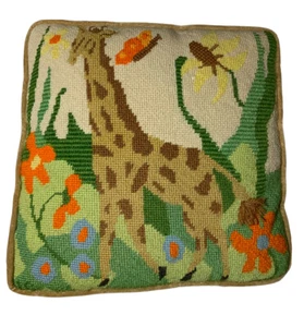 Vintage Giraffe Floral Needlepoint Pillow Handmade Camel Velvet Back Kids 14X14 - Picture 1 of 5