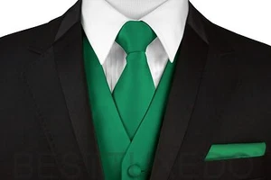 Men's Solid Satin Tuxedo Vest, Tie and Hankie Set. Formal, Wedding, Prom, Dress - Picture 1 of 34