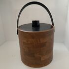 Vintage Ice Bucket With Tongs Irvinware Usa Mcm Faux Leather Wood Grain Lidded