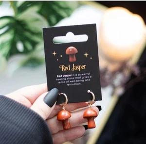 Kristall Ohrringe roter Jaspis Pilz goldfarben Klapp Creolen Ohrhänger - Bild 1 von 5