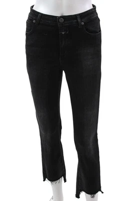 Pantalones de mezclilla cerrados para mujer de algodón con flecos dobladillo pierna recta negros talla 24 EUR Foto 1 de 4