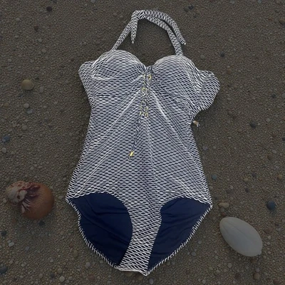 NUEVO Traje de baño Jessica Simpson grande de una pieza azul marino texturizado dorado con aros modesto Foto 1 de 4