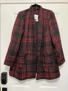 Hermoso abrigo Lane Bryant negro rojo a cuadros tweed brillante guisante talla 18/20 nuevo con etiquetas - Imagen 1 de 5