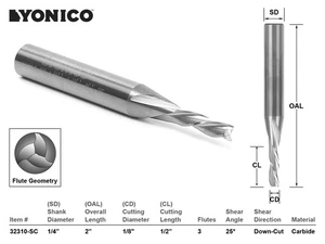 1/8" Dia. 3 Flute Downcut CNC Router Bit - 1/4" Shank - Yonico 32310-SC - Picture 1 of 1