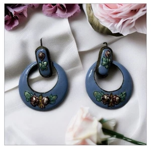 Vintage Mid Century Ohrringe blau Emaille Blumen Ohrhänger - Bild 1 von 3