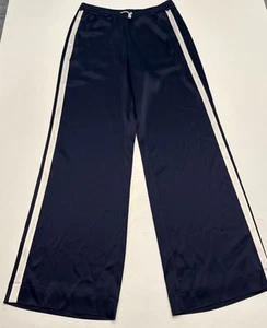 Tory Burch Sport Women’s Track Pants M Navy Blue White Stripe Satin Wide Leg EUC - Picture 1 of 12