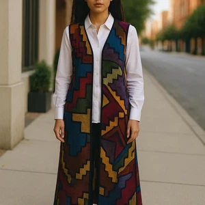 Peruvian Connection Sz M Alpaca Southwestern Aztec Duster Long Cardigan Sweater - Picture 1 of 10