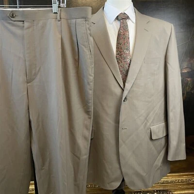 Joseph & Feiss 48R 42 x 28 2 Piece 100% Wool Taupe Pinstriped 2 Button Suit - Image 1 of 4