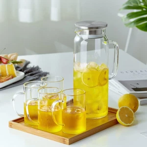 Glass Water Pitcher with Lid & Spout Clear Beverage Iced Tea Jug Hot Cold 53 Oz - Picture 1 of 6