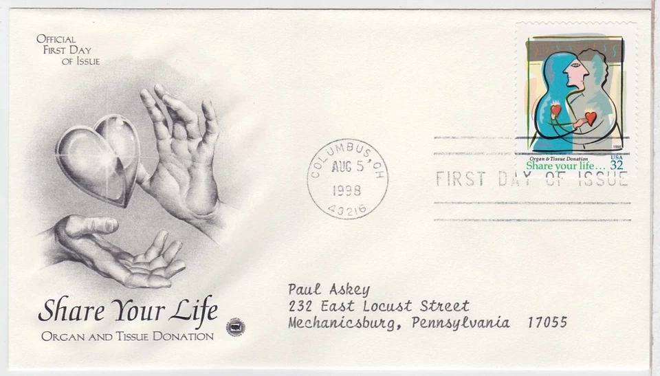 TurtlesTradingPost- Organ & Tissue Donation #3227- 1998 FDC- Artcraft Variety - Image 1 of 1