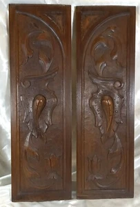 Antique Pair French Solid Chestnut Wood Panels Salvaged Hand Carved - Picture 1 of 9