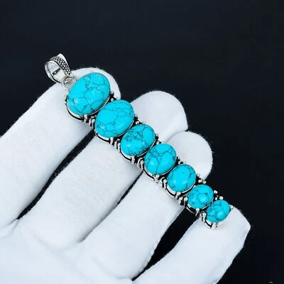 Türkis Edelstein Lang Anhänger Handgemacht 925 Sterling Silberkette Geschenk - Bild 1 von 4