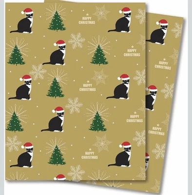 2 x Sheets Christmas Cat Wrapping Paper  70x50cm  Cat Christmas Gift Wrap - Image 1 of 3