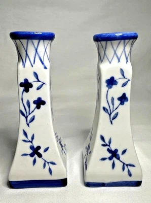 Two Pillar Candlestick Holders 5" Cobalt Blue Delft Floral Porcelain Ceramic - Image 1 of 4