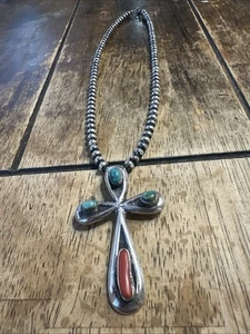 Native American Sterling Silver Bead Necklace 20” & Cross W Turquoise Pendant - Imagen 1 de 14