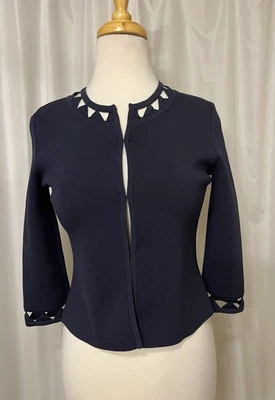 Ted Baker Navy Knit Cardigan, Open Triangle Details, 3 Front Hook Closures, Sz 0 - Image 1 of 4