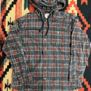 LL Bean Shirt Mens Large Grey Plaid Hooded Flannel Snap Button Fitted Hoodie - Picture 1 of 12